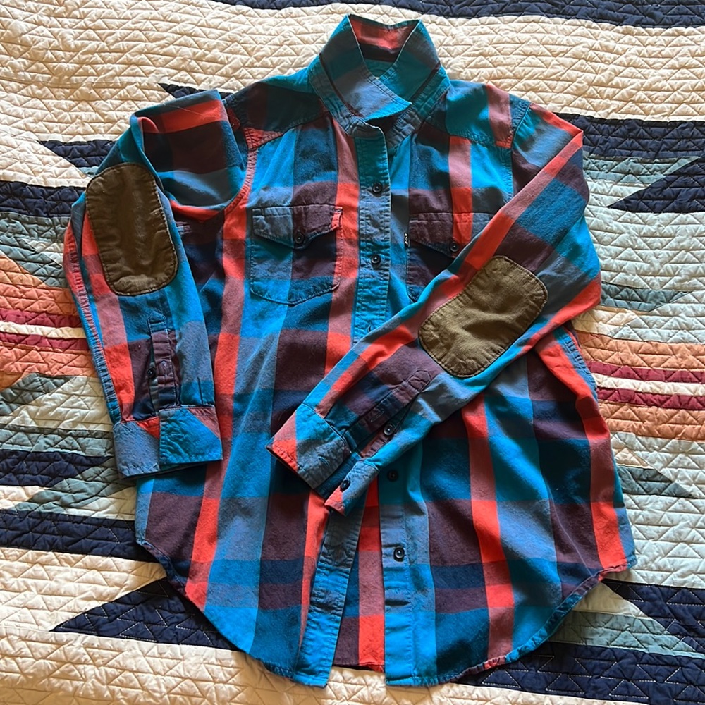 Kavu plaid shirt with corduroy elbow patches